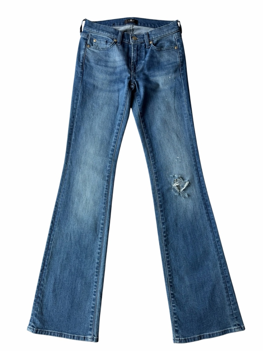 ✅ 7 For All Mankind Medium Blue Boot-Cut Jeans with Distressed Knee size 25